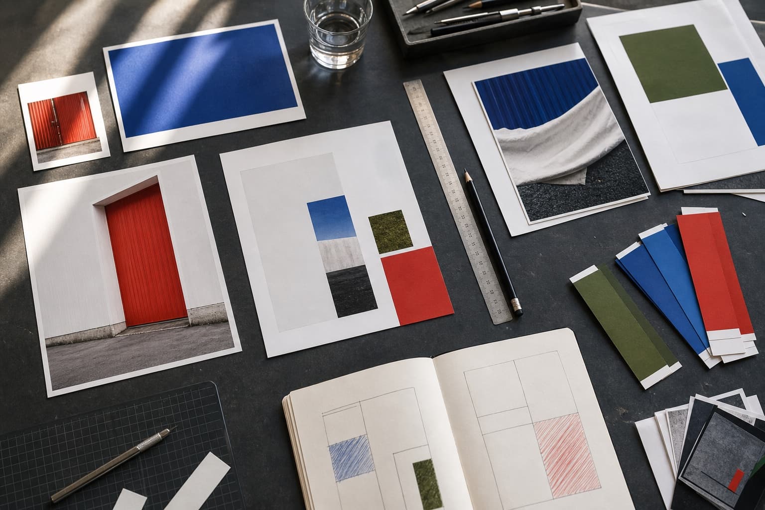 Creative studio worktable with printed material studies
