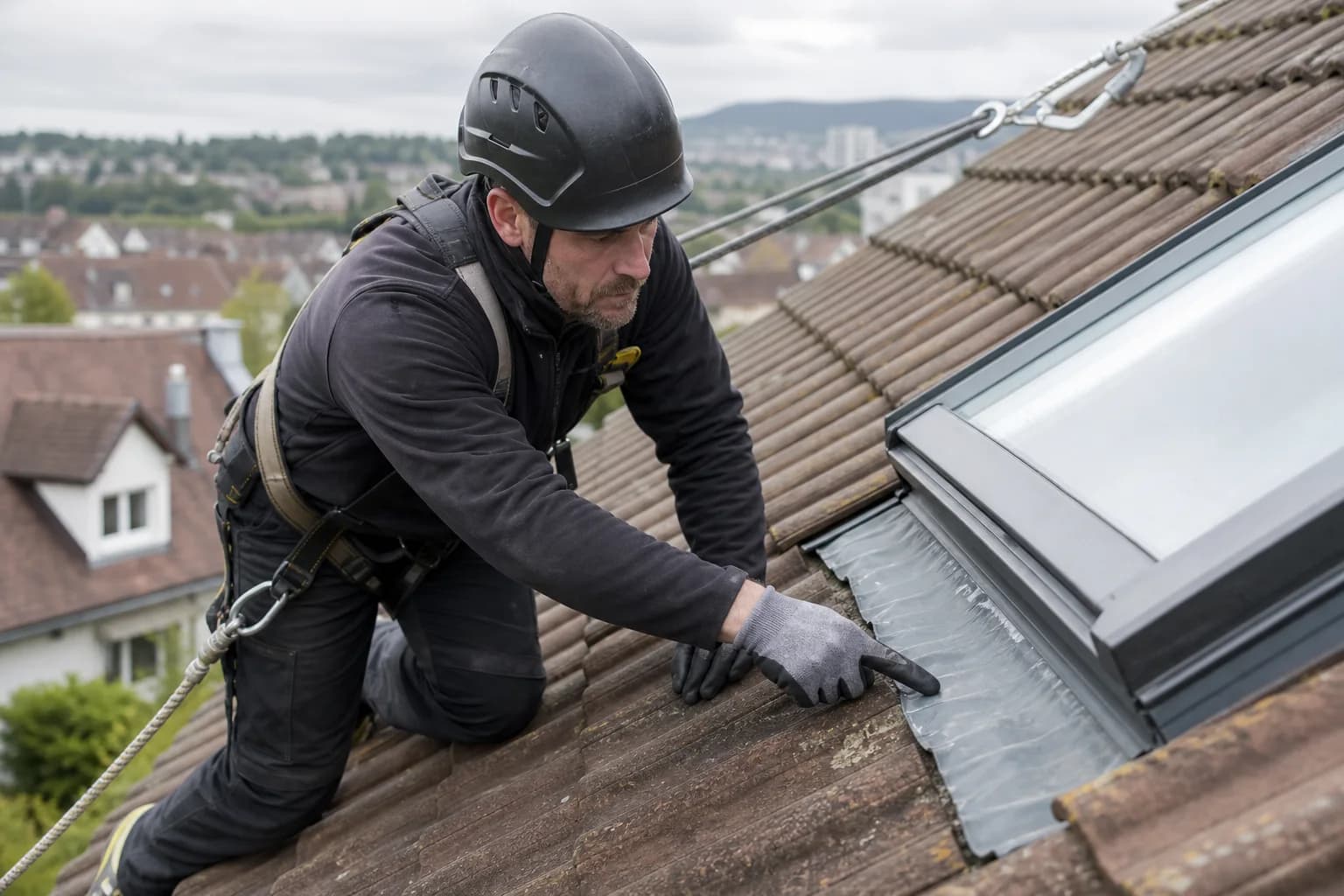 Professional inspecting a roof detail