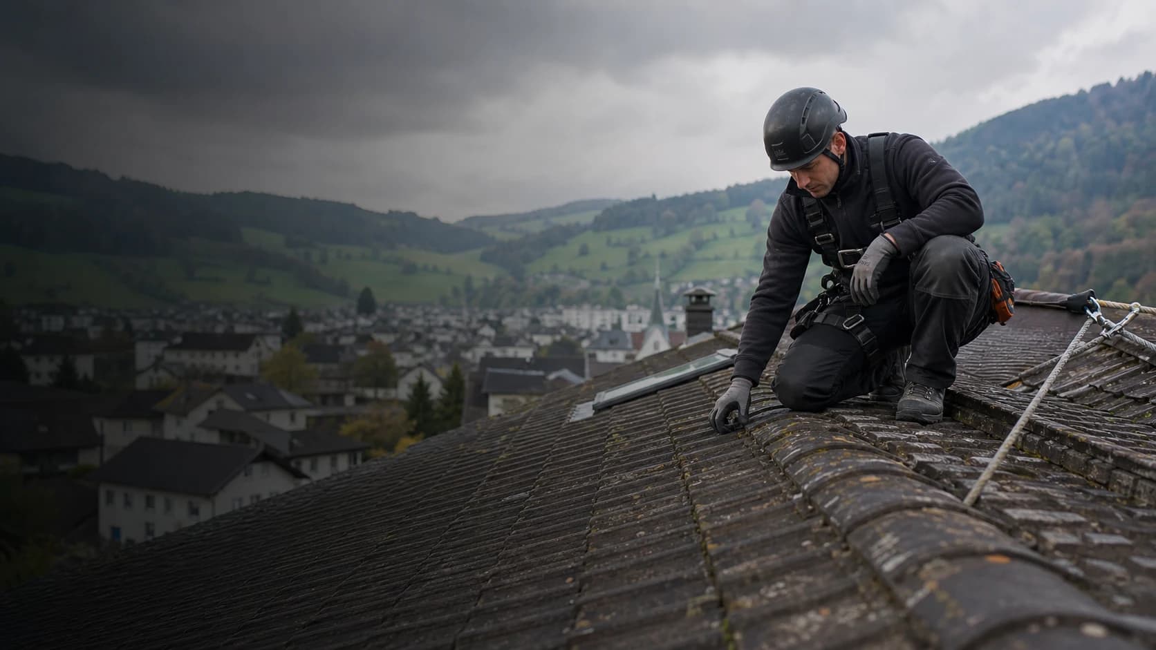 Gesicherter Dachdecker bei der Prüfung eines Wohnhausdachs